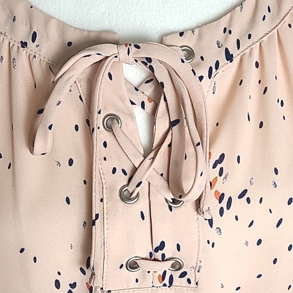 a.n.a. Light Pink Blouse, Splashes of Navy, Lace-up Neckline/Ruffles, Sz Large - Picture 4 of 11